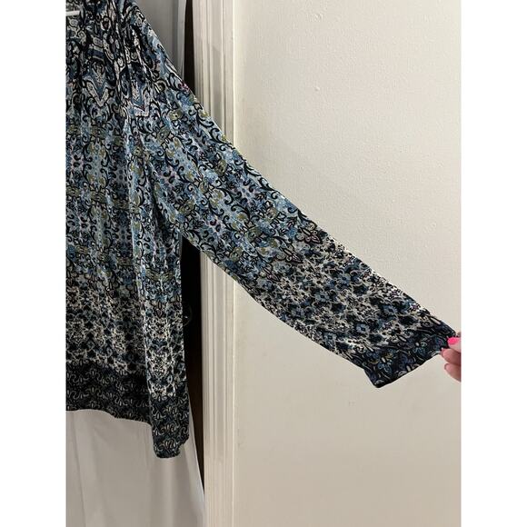 J.Jill Womens XL Tunic Top Boho Blue Mosaic V Neck Long Sleeve Lightweight - Picture 2 of 6